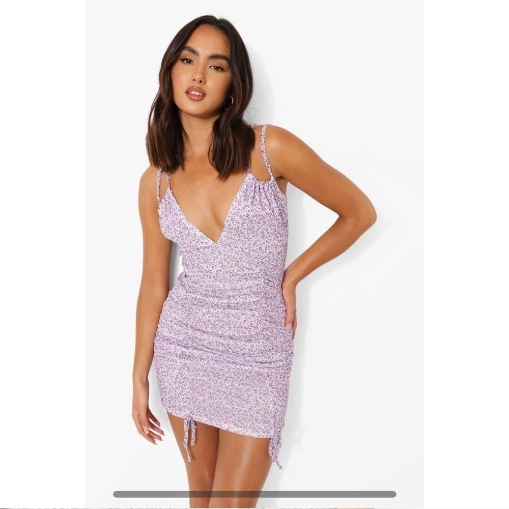 FLORAL PURPLE PINK MESH RUCHED MINI DRESS SLEEVELESS 8(M)